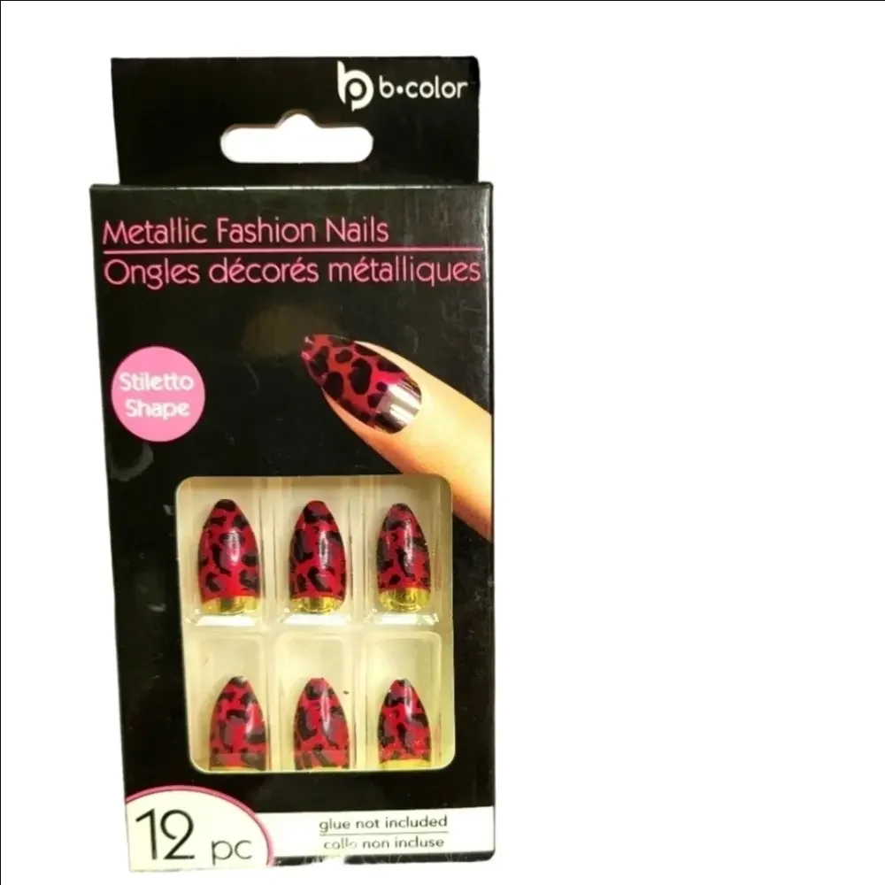 B*Color Medium Stiletto Red Black Gold Animal Print Artificial Nails